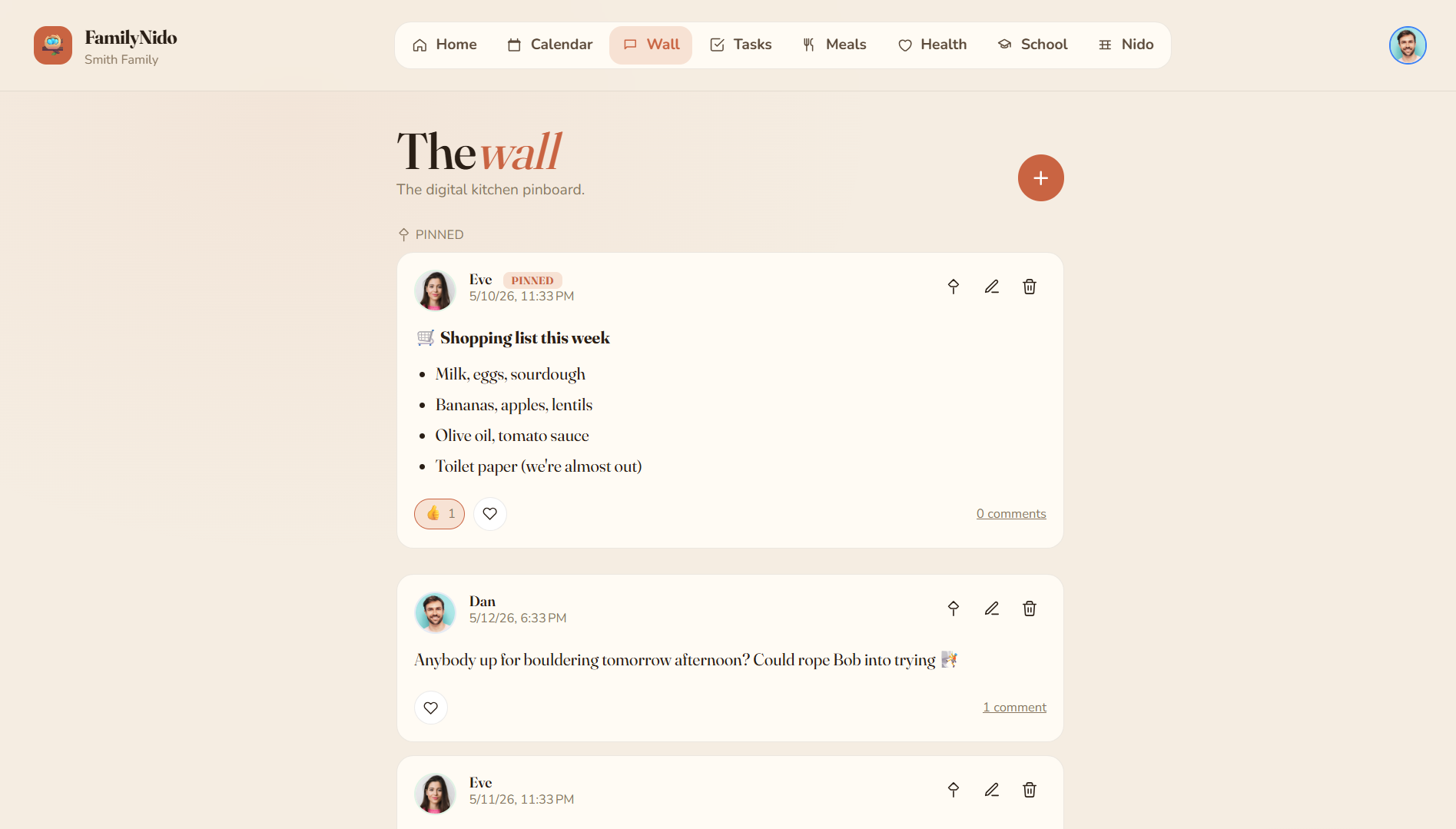 Family wall with posts, reactions and comments