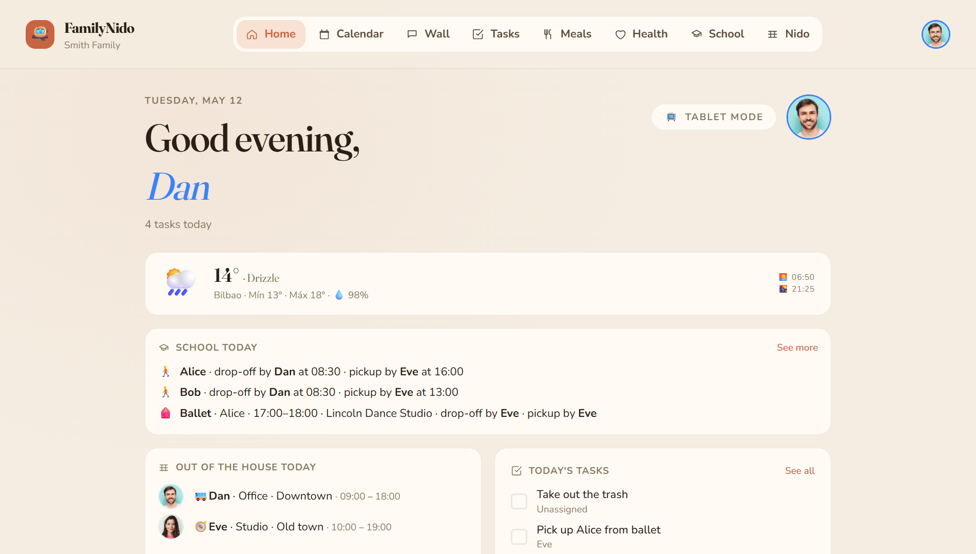 FamilyNido home dashboard