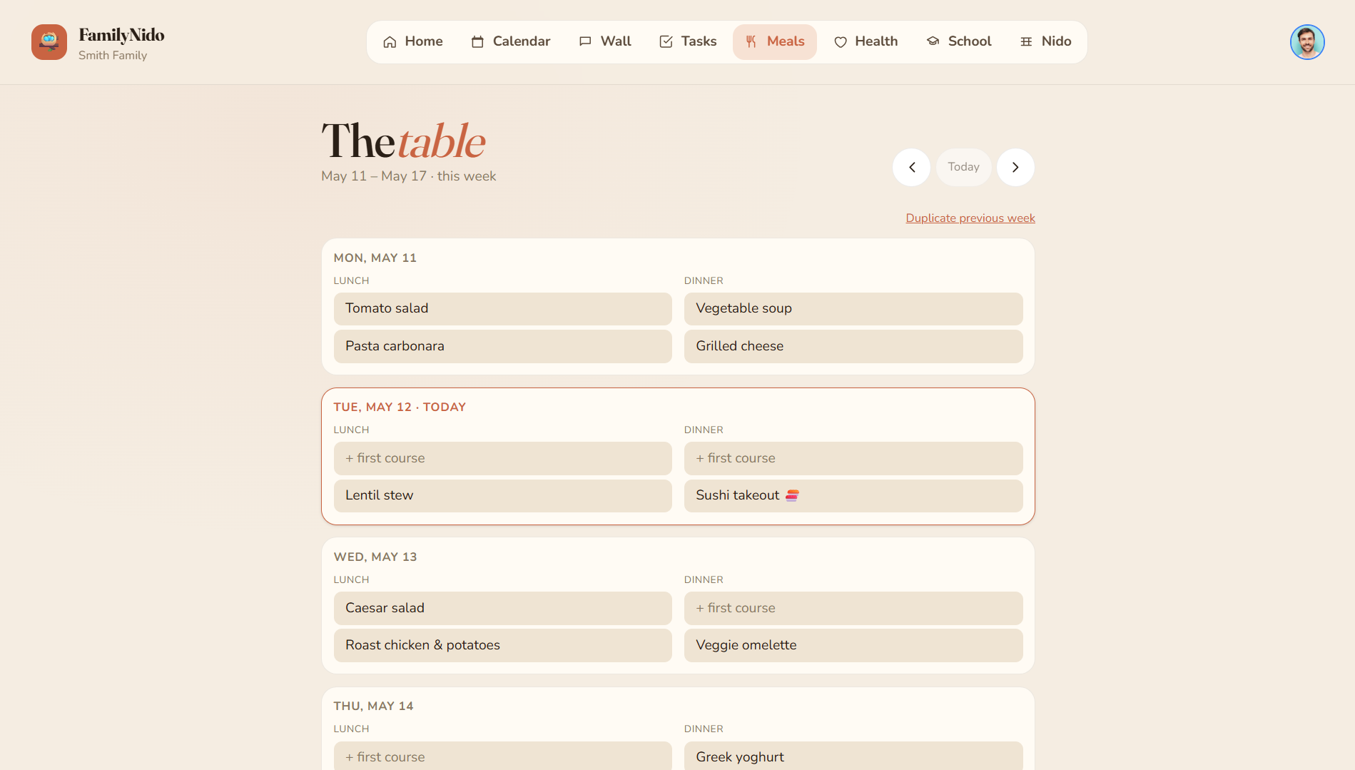Weekly meal plan grid