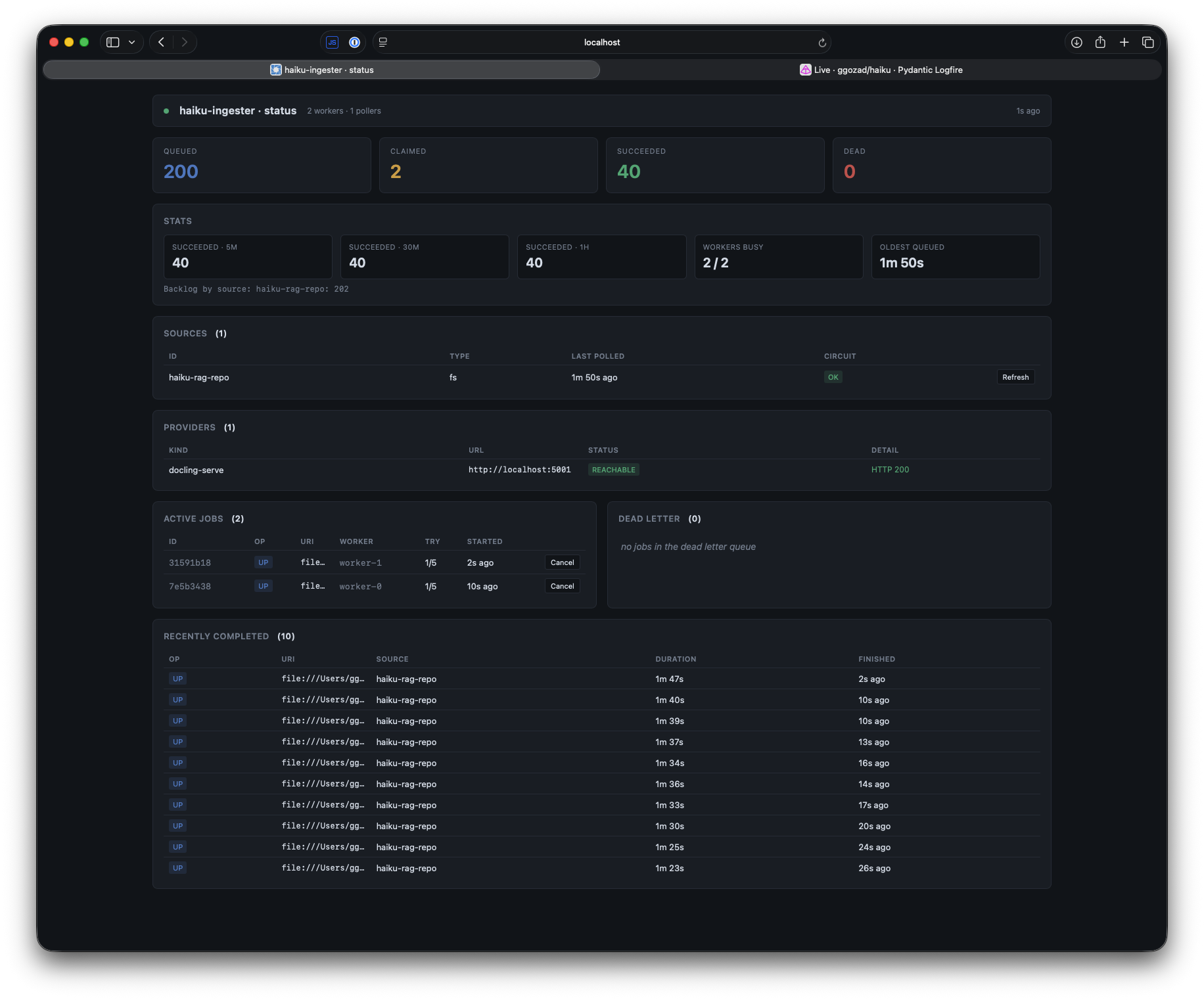 Ingester dashboard mid-ingest: queue depth, per-source health, active and recent jobs